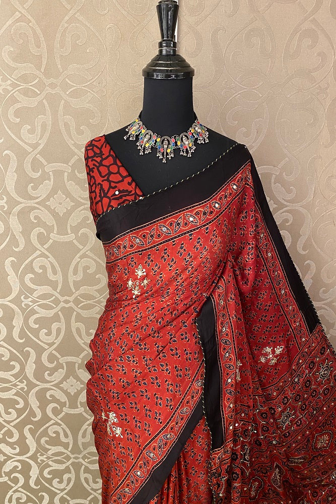 Red Pure Modal Silk Saree Ajrakh Print With Pitta Zari Work