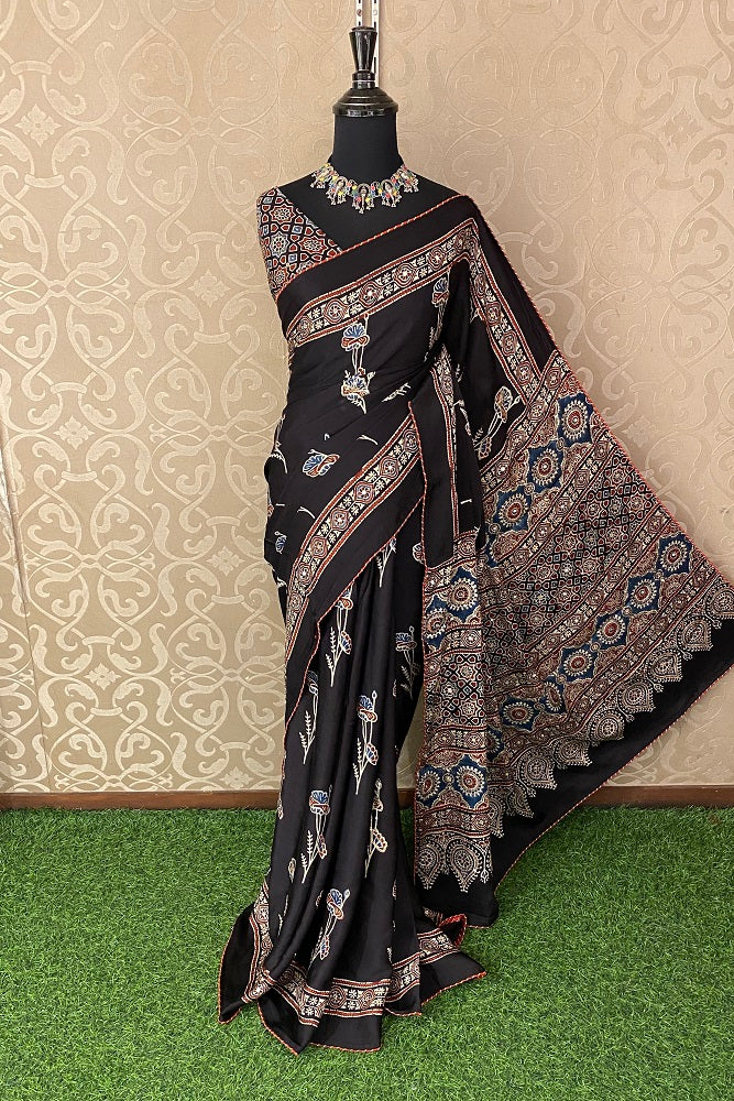 Black Pure Modal Silk Saree Ajrakh Print With Pitta Zari Work