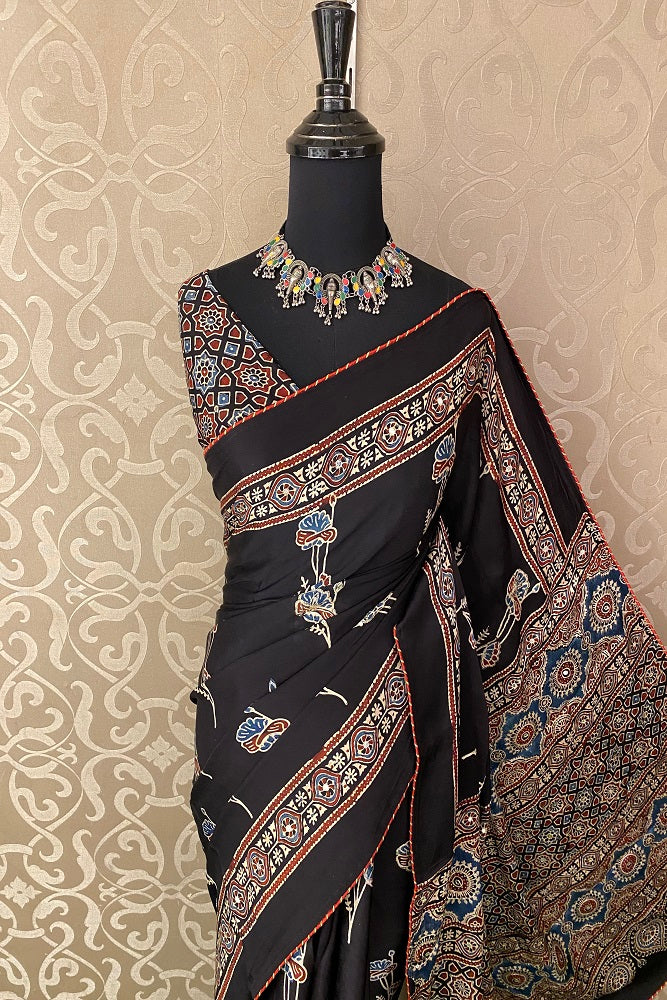 Black Pure Modal Silk Saree Ajrakh Print With Pitta Zari Work