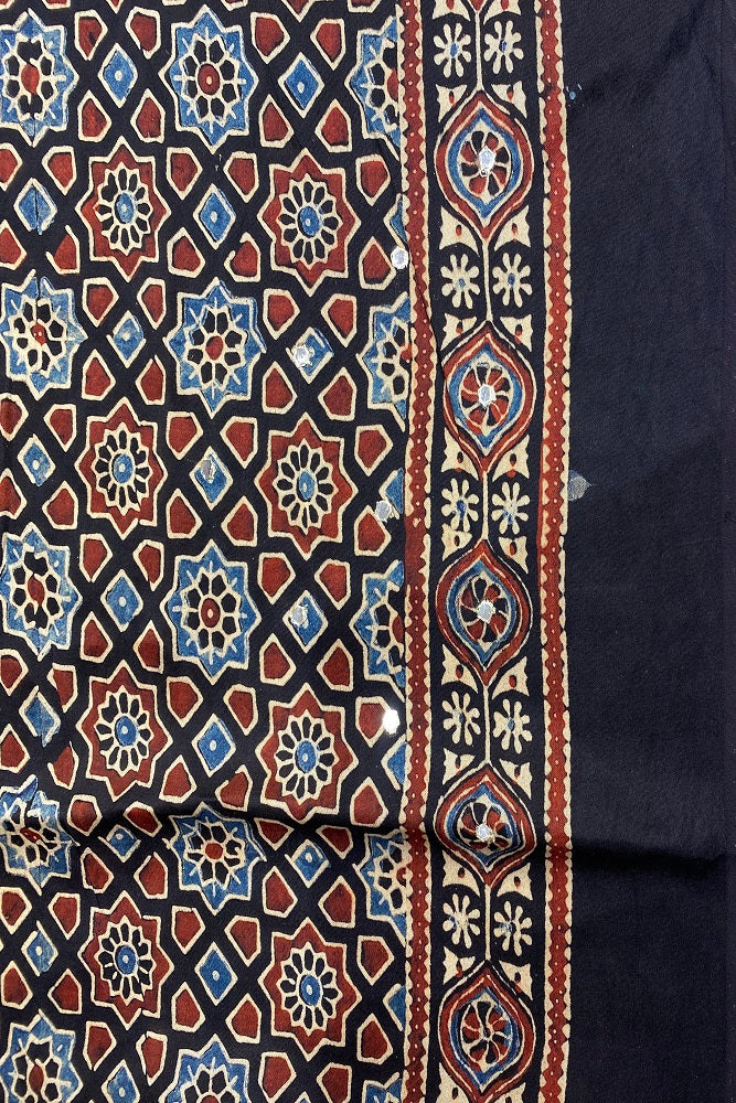 Black Pure Modal Silk Saree Ajrakh Print With Pitta Zari Work