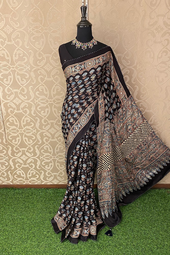 Black Pure Modal Silk Saree Ajrakh Print With Pitta Zari Work