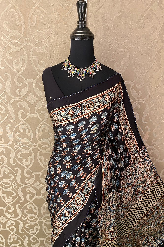 Black Pure Modal Silk Saree Ajrakh Print With Pitta Zari Work
