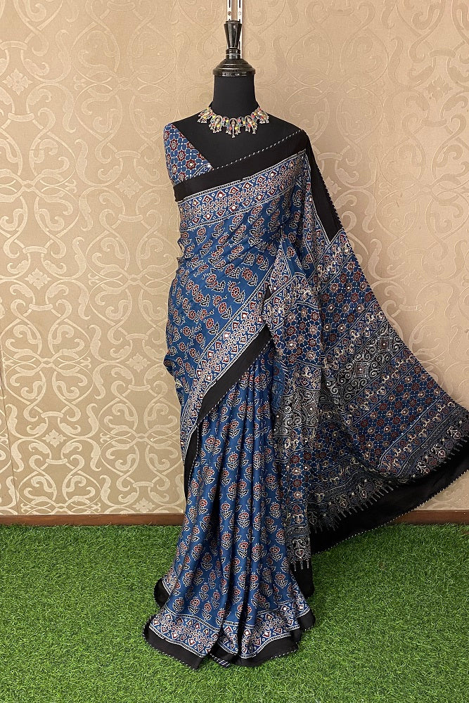 Blue Pure Modal Silk Saree Ajrakh Print With Pitta Zari Work