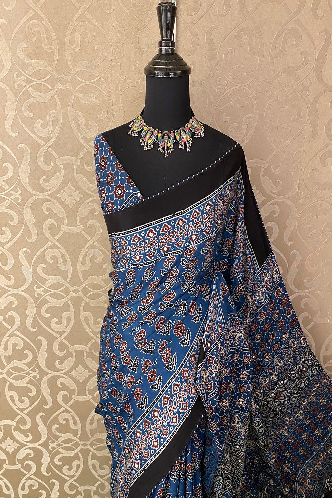 Blue Pure Modal Silk Saree Ajrakh Print With Pitta Zari Work