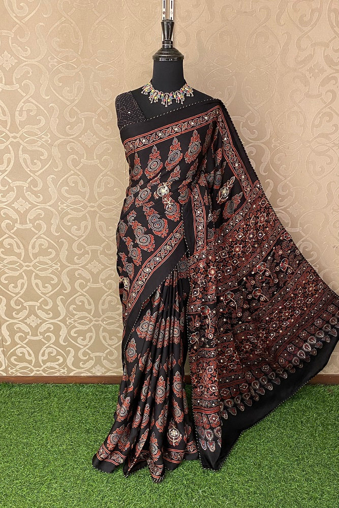 Black Pure Modal Silk Saree Ajrakh Print With Pitta Zari Work