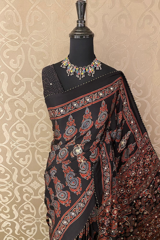 Black Pure Modal Silk Saree Ajrakh Print With Pitta Zari Work