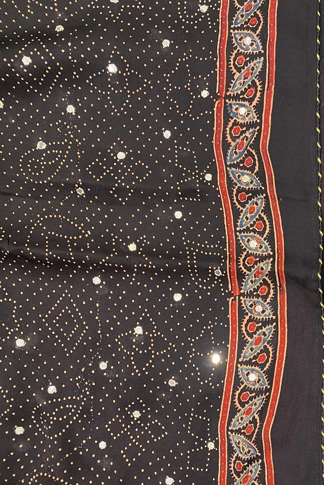 Black Pure Modal Silk Saree Ajrakh Print With Pitta Zari Work