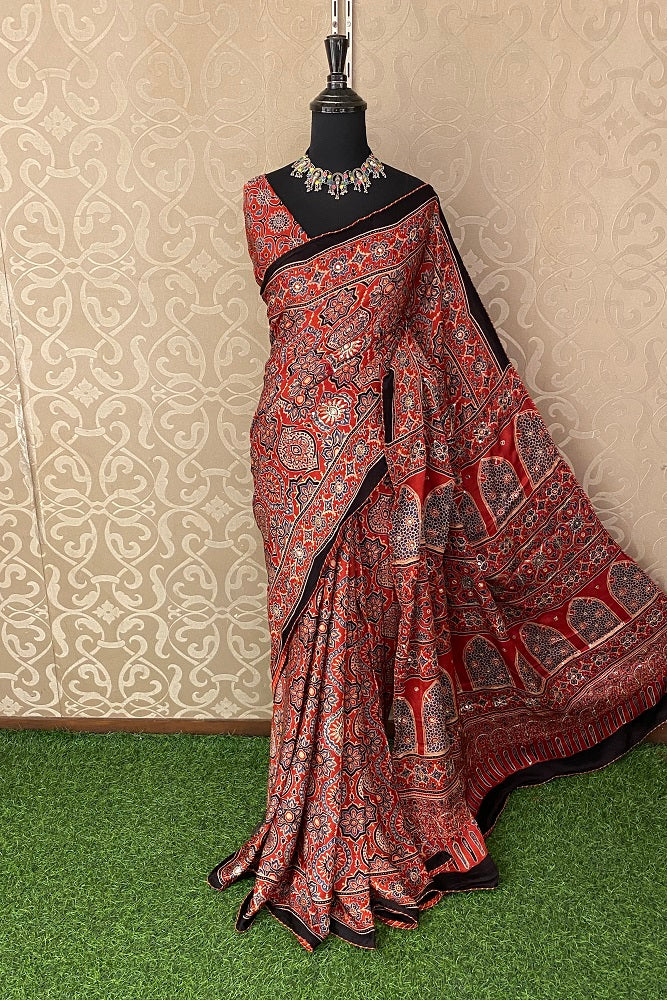 Red Pure Modal Silk Saree Ajrakh Print With Pitta Zari Work