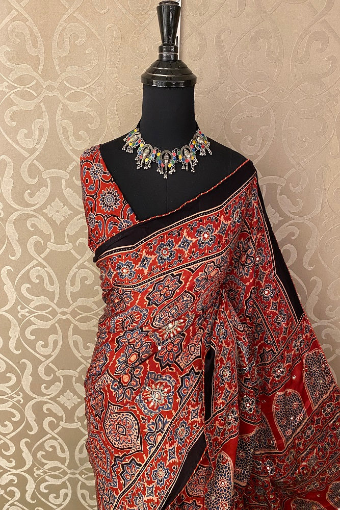 Red Pure Modal Silk Saree Ajrakh Print With Pitta Zari Work