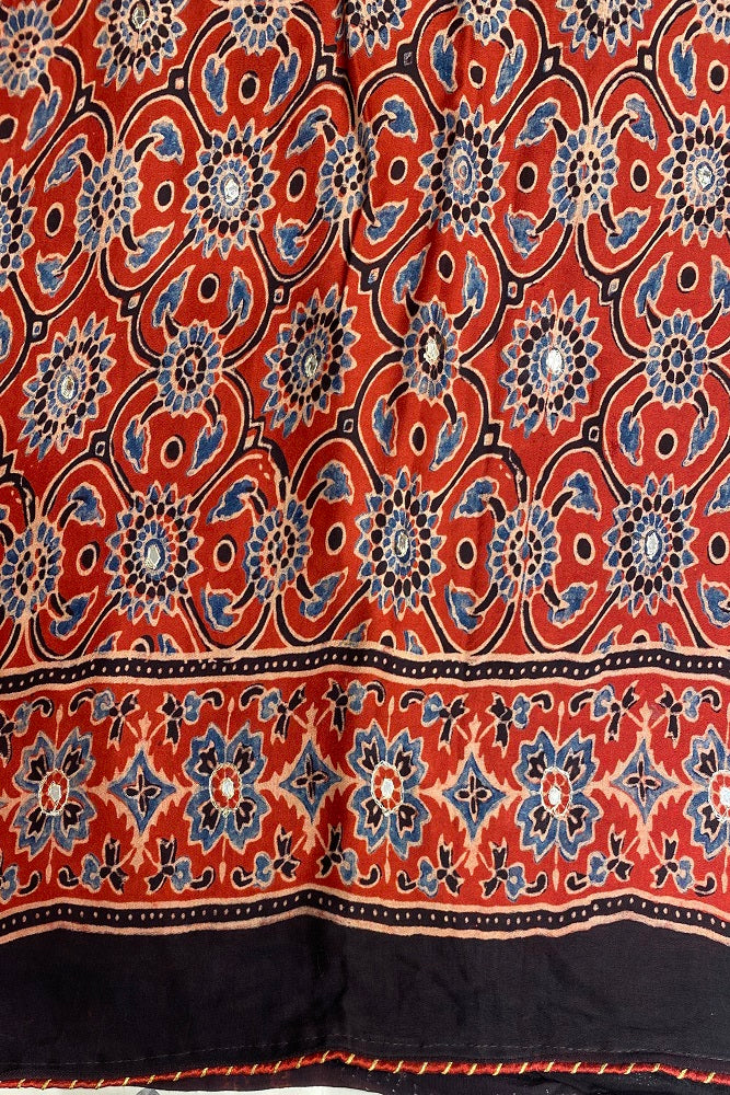 Red Pure Modal Silk Saree Ajrakh Print With Pitta Zari Work