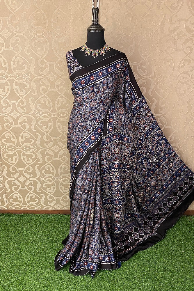 Blue Pure Modal Silk Saree Ajrakh Print With Pitta Zari Work