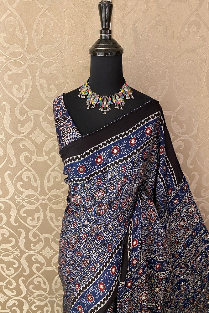 Blue Pure Modal Silk Saree Ajrakh Print With Pitta Zari Work