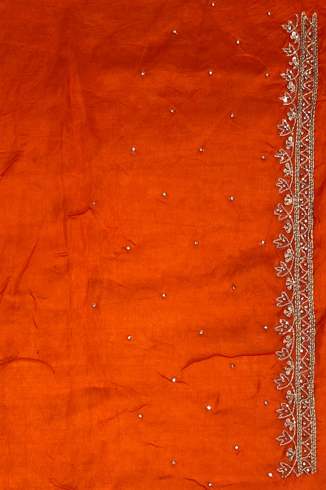 Orange Soft Organza Silk Hand Embroidery Saree, With Unstiched Blouse