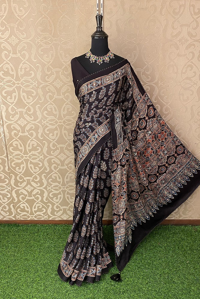 Black Pure Modal Silk Saree Ajrakh Print With Pitta Zari Work