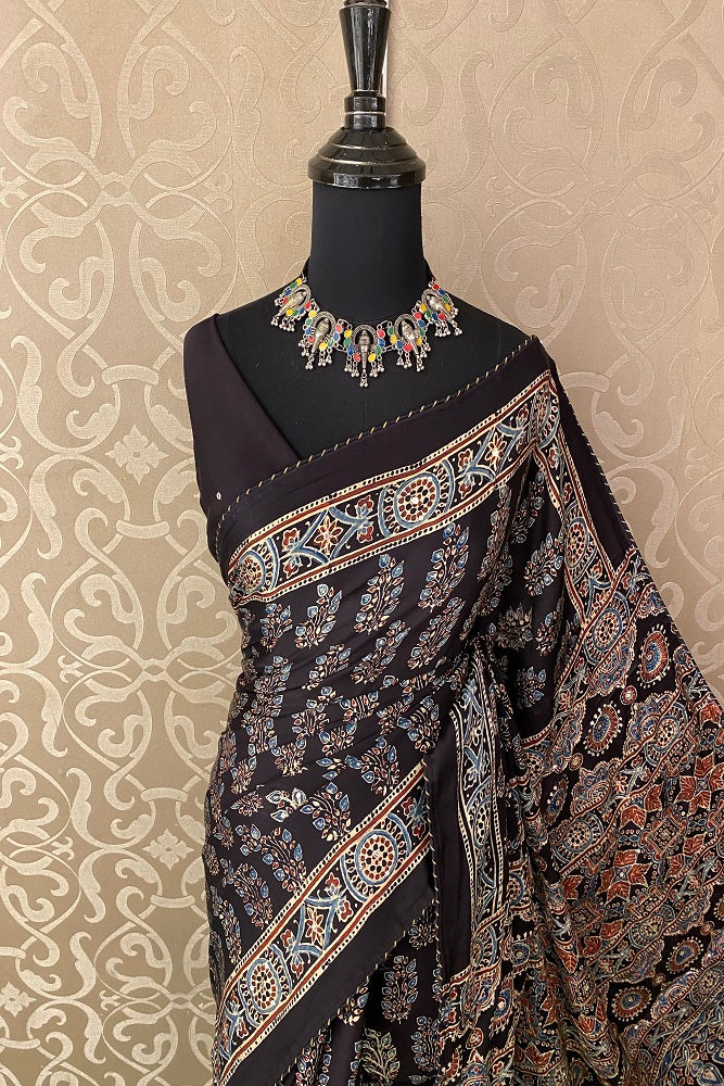 Black Pure Modal Silk Saree Ajrakh Print With Pitta Zari Work