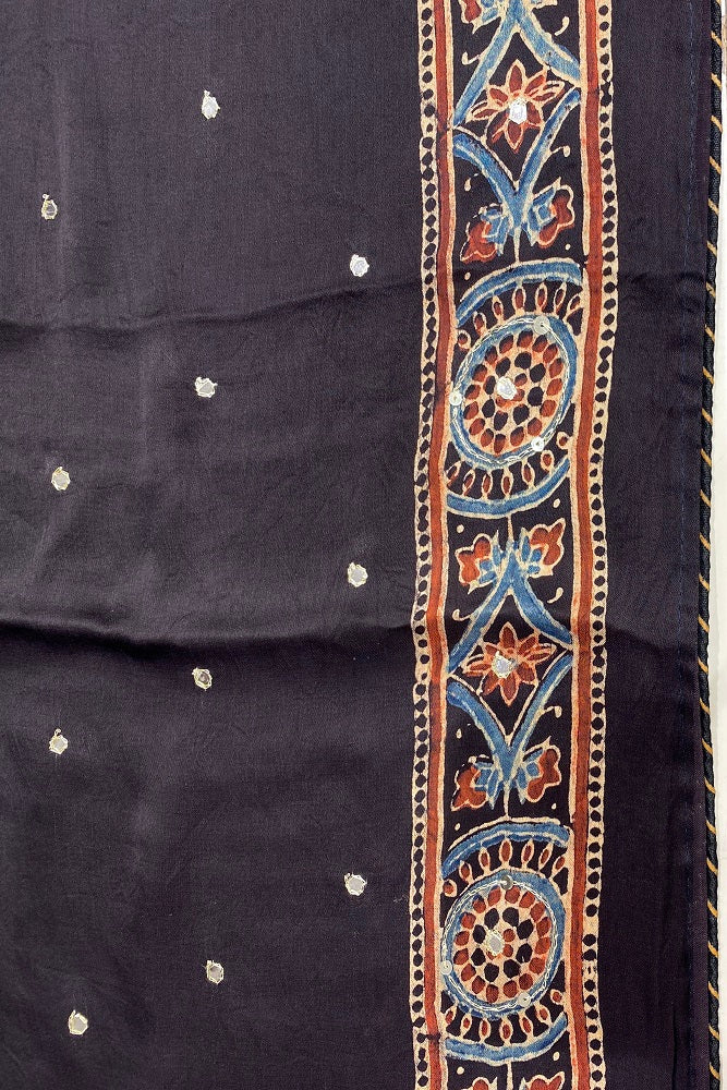 Black Pure Modal Silk Saree Ajrakh Print With Pitta Zari Work