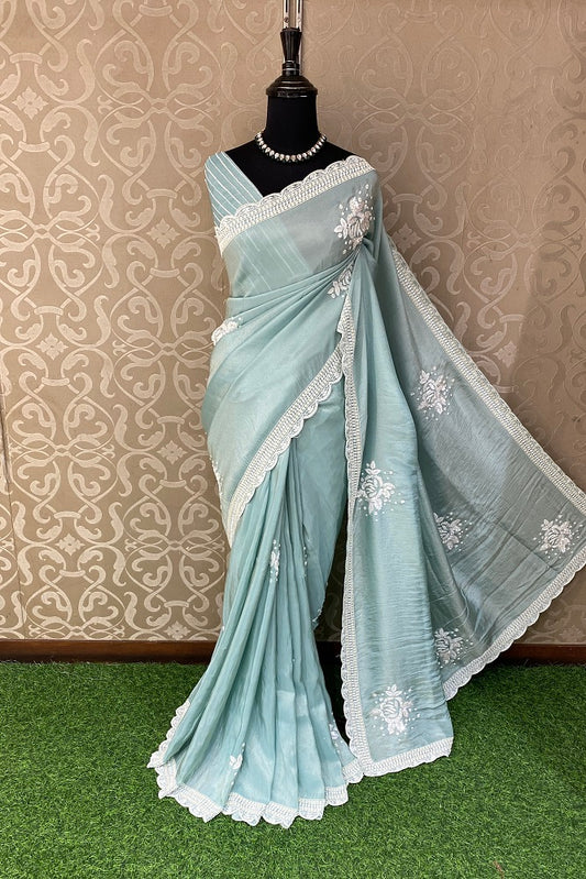 Sky Blue Tissue Organza Embroidery Saree, With Unstiched Blouse