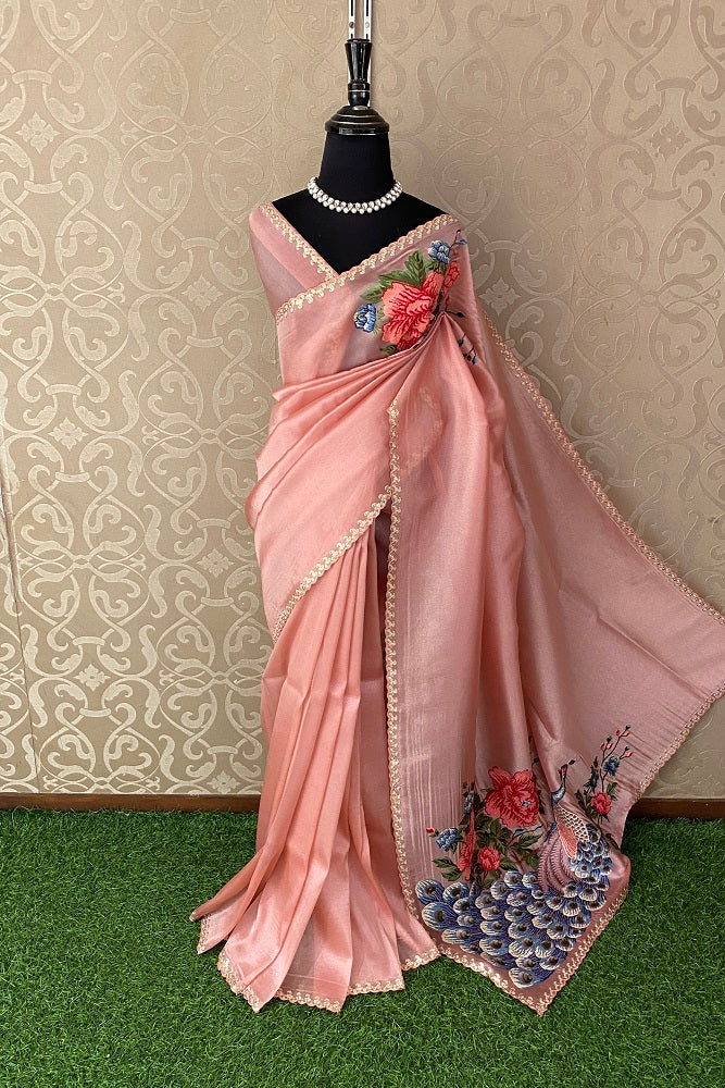 Peach Tissue Saree Multi Embroidered Butas With Blouse Piece