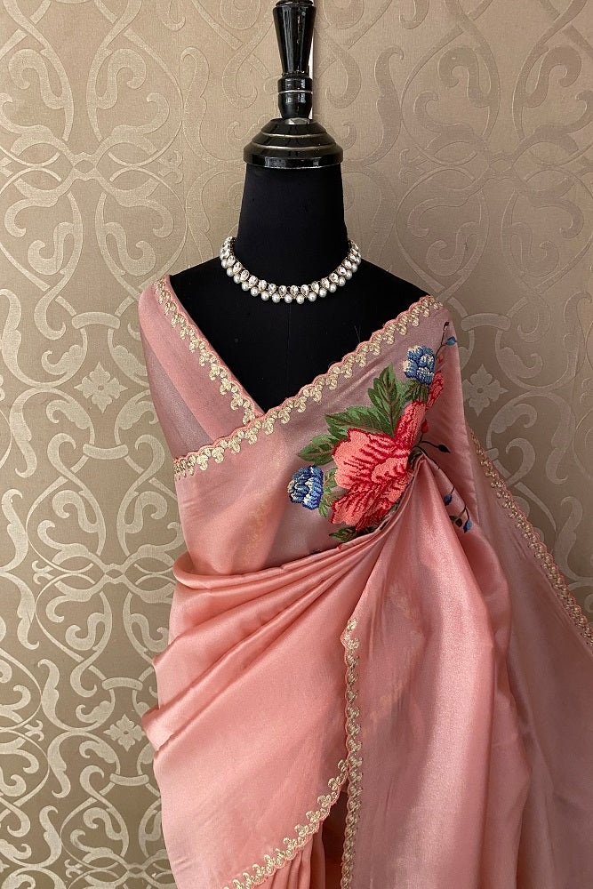 Peach Tissue Saree Multi Embroidered Butas With Blouse Piece