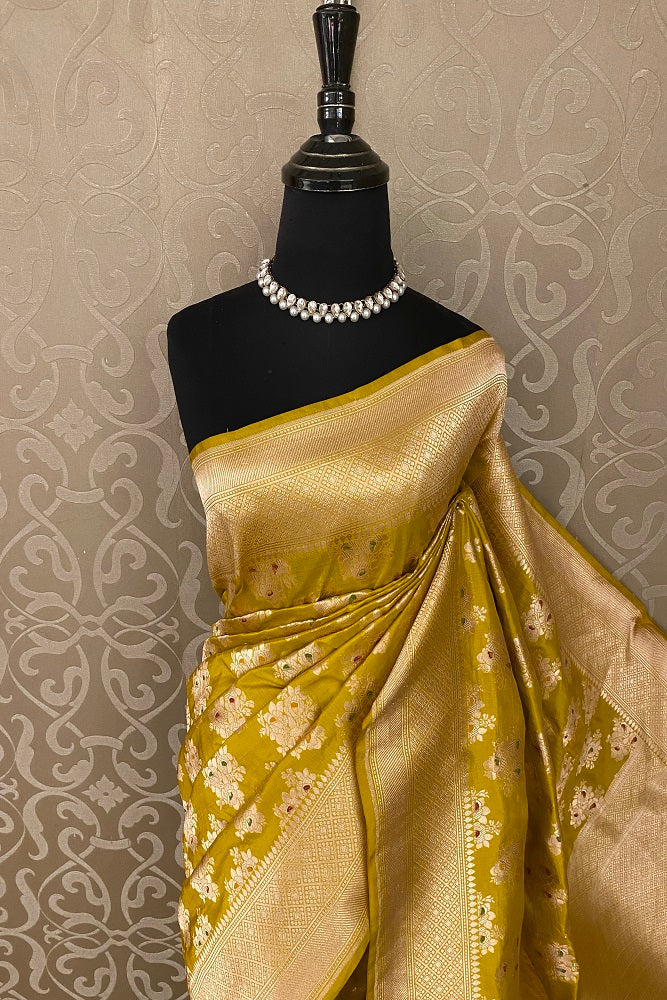 Yellow Uppada Silk Saree Weaving Butas Work And Border With Blouse