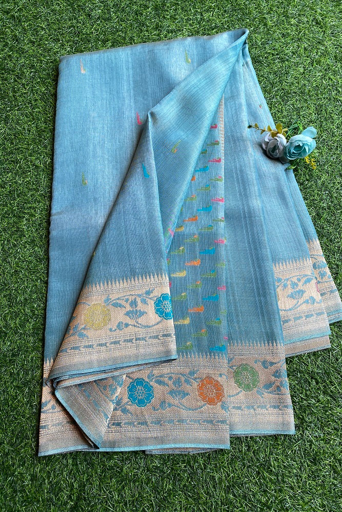 Sky blue Tussar Georgette Saree Weaving Work With Blouse Piece