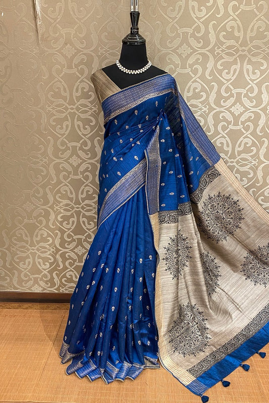 Deep Blue Munga Banarasi Silk Printed Saree With Resham Work, With Unstiched Blouse