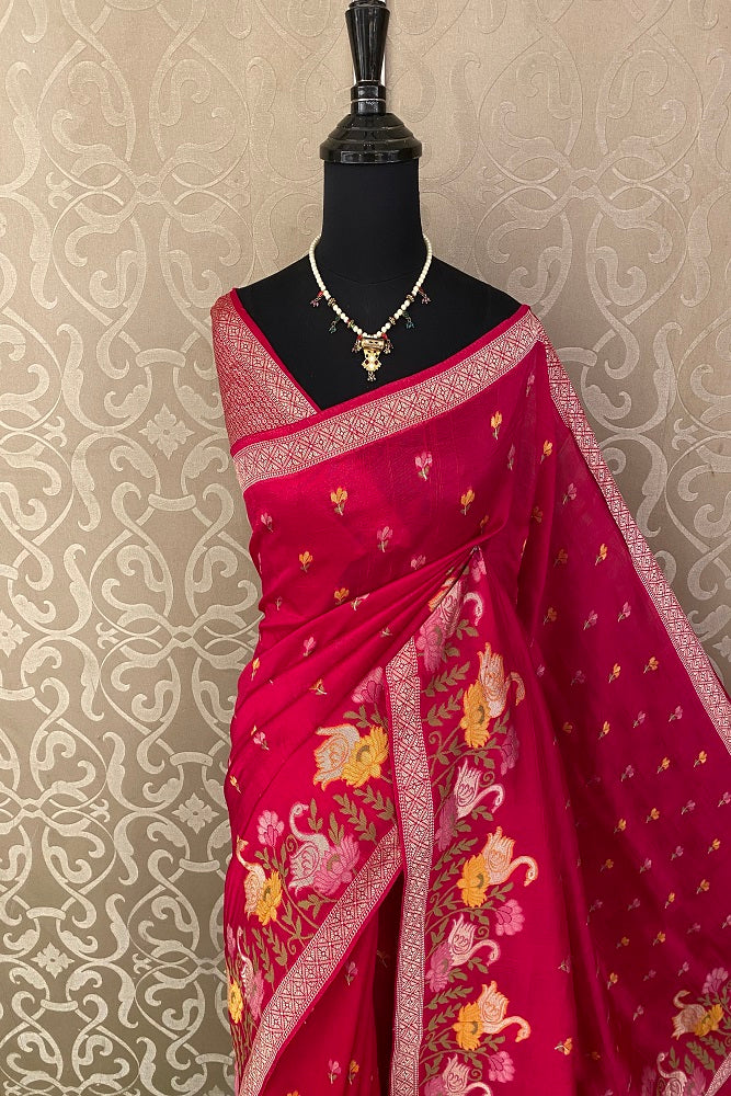 Rani Pink Tussar Georgette Saree Weaving Work With Blouse Piece