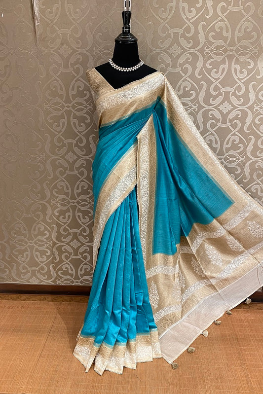 Sky Blue Munga Banarasi Silk Printed Saree With Resham Work, With Unstiched Blouse