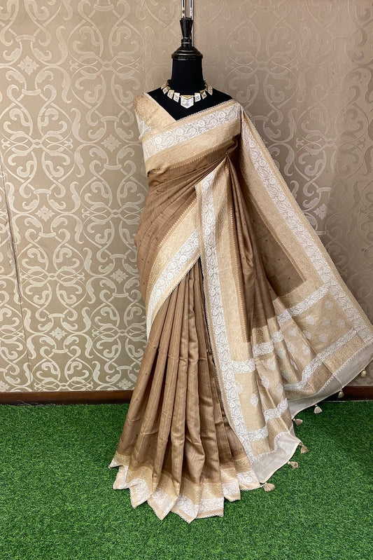 Dark Beige Munga Banarasi Silk Printed Saree With Resham Work, With Unstiched Blouse