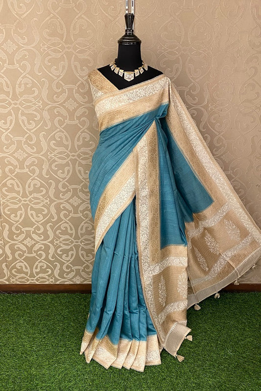 Dusty Blue Munga Banarasi Silk Printed Saree With Resham Work, With Unstiched Blouse