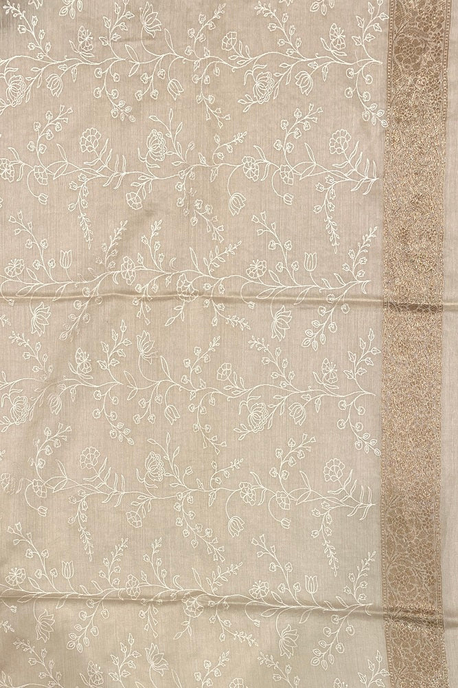 Dusty Blue Munga Banarasi Silk Printed Saree With Resham Work, With Unstiched Blouse