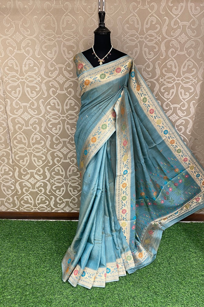 Sky blue Tussar Georgette Saree Weaving Work With Blouse Piece