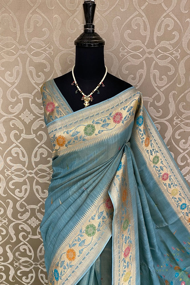 Sky blue Tussar Georgette Saree Weaving Work With Blouse Piece