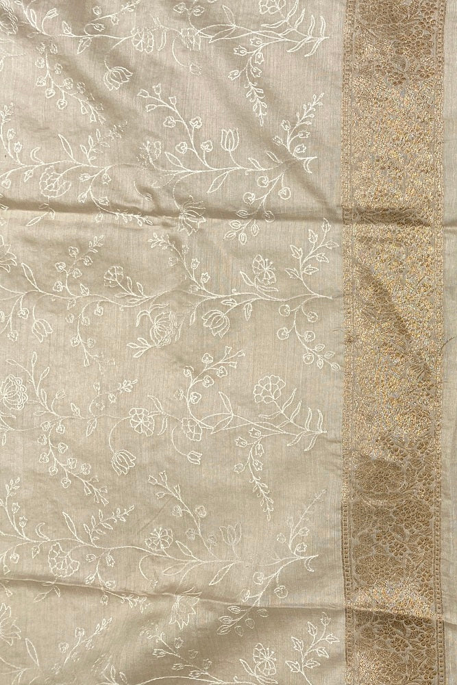 Dusty Yellow Munga Banarasi Silk Printed Saree With Resham Work, With Unstiched Blouse