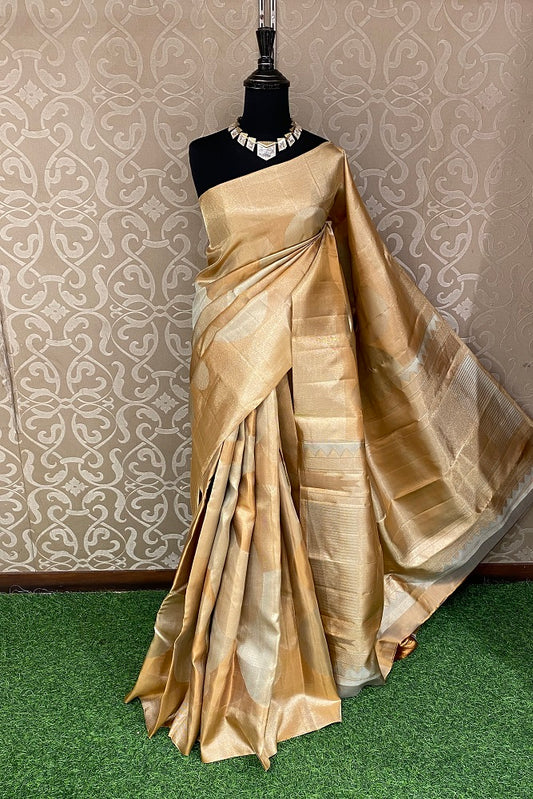 Golden Pure Kanjeevaram Silk Saree, With Unstiched Blouse