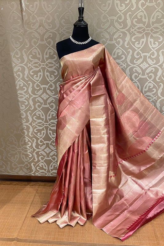 Golden Pink Pure Kanjeevaram Silk Saree, With Unstiched Blouse