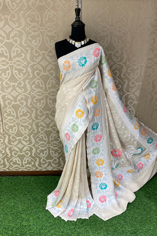 Offwhite Tussar Khaddi Georgette Handwoven Saree, With Unstiched Blouse