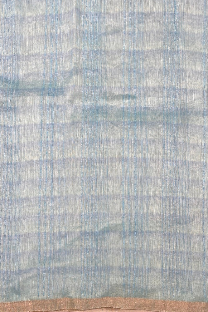 Offwhite & Blue Floral Printed Linen Silk Embroidery Saree, With Unstiched Blouse