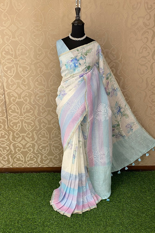 Multi Colour Floral Printed Linen Silk Embroidery Saree, With Unstiched Blouse
