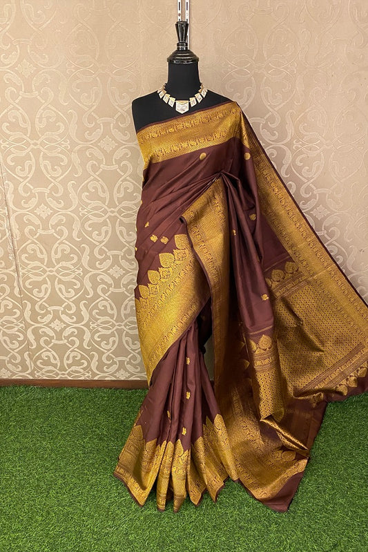 Brown Kanjeevaram Silk Saree Hand Weaving With Blouse
