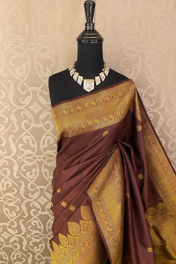Brown Kanjeevaram Silk Saree Hand Weaving With Blouse