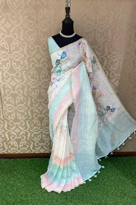 Multi Colour Floral Printed Linen Silk Embroidery Saree, With Unstiched Blouse