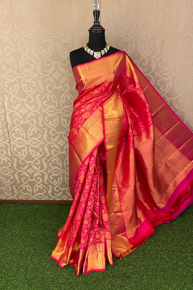 Pink Kanjeevaram Silk Saree Hand Weaving With Blouse