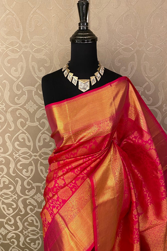 Pink Kanjeevaram Silk Saree Hand Weaving With Blouse