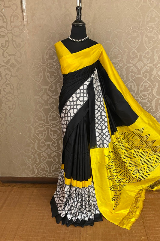 Black & Yellow Pochampally Ikat Silk Saree, Grey Colour Weaving With Unstiched Blouse