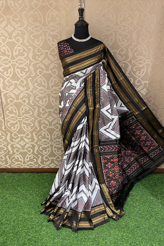 White & Black Pochampally Ikat Silk Saree, Multi Colour Weaving With Unstiched Blouse