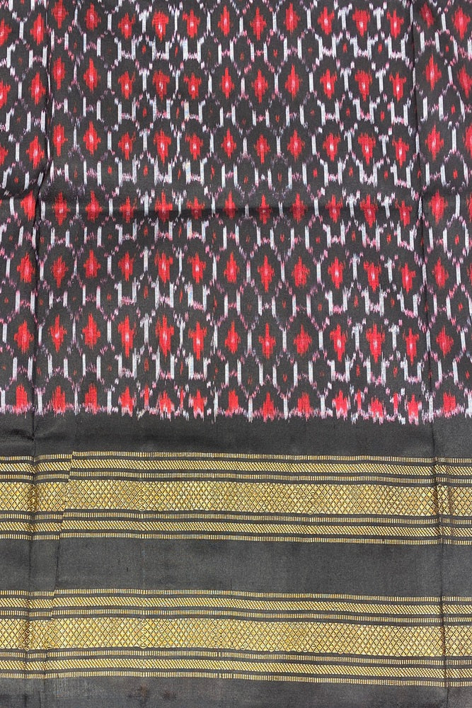 White & Black Pochampally Ikat Silk Saree, Multi Colour Weaving With Unstiched Blouse