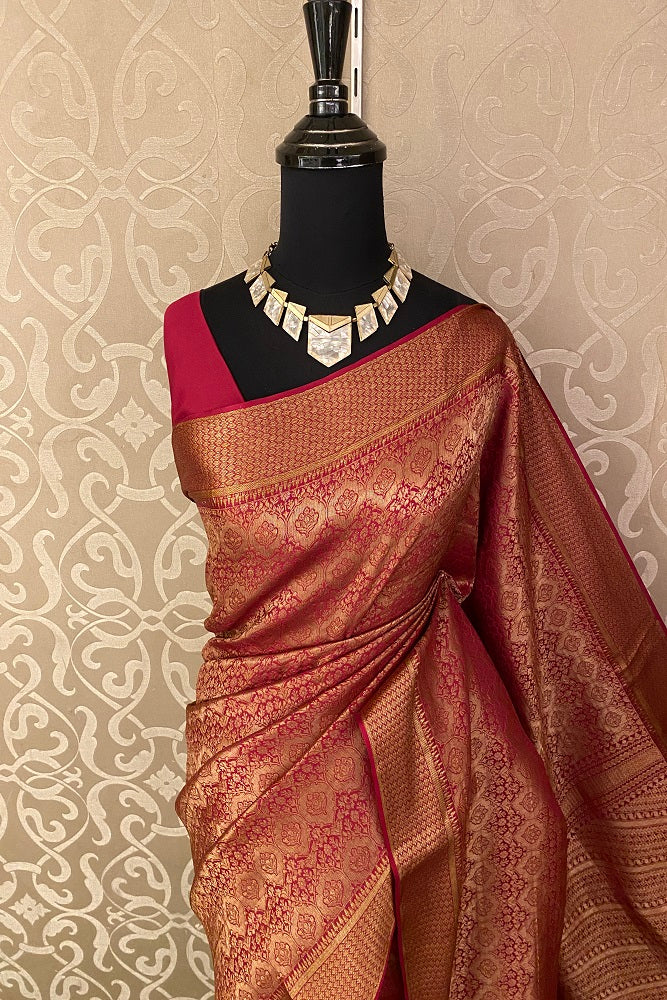 Reddish Pink Brocade Crepe Khaddi Saree, With Blouse