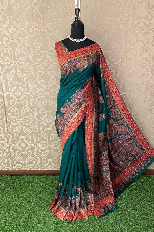 Bottle Green Pure Kani Handloom Silk Saree With Floral Woven Blouse