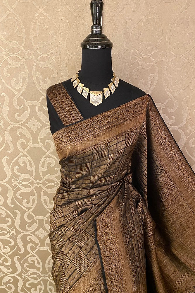 Black Brocade Crepe Khaddi Saree, With Blouse